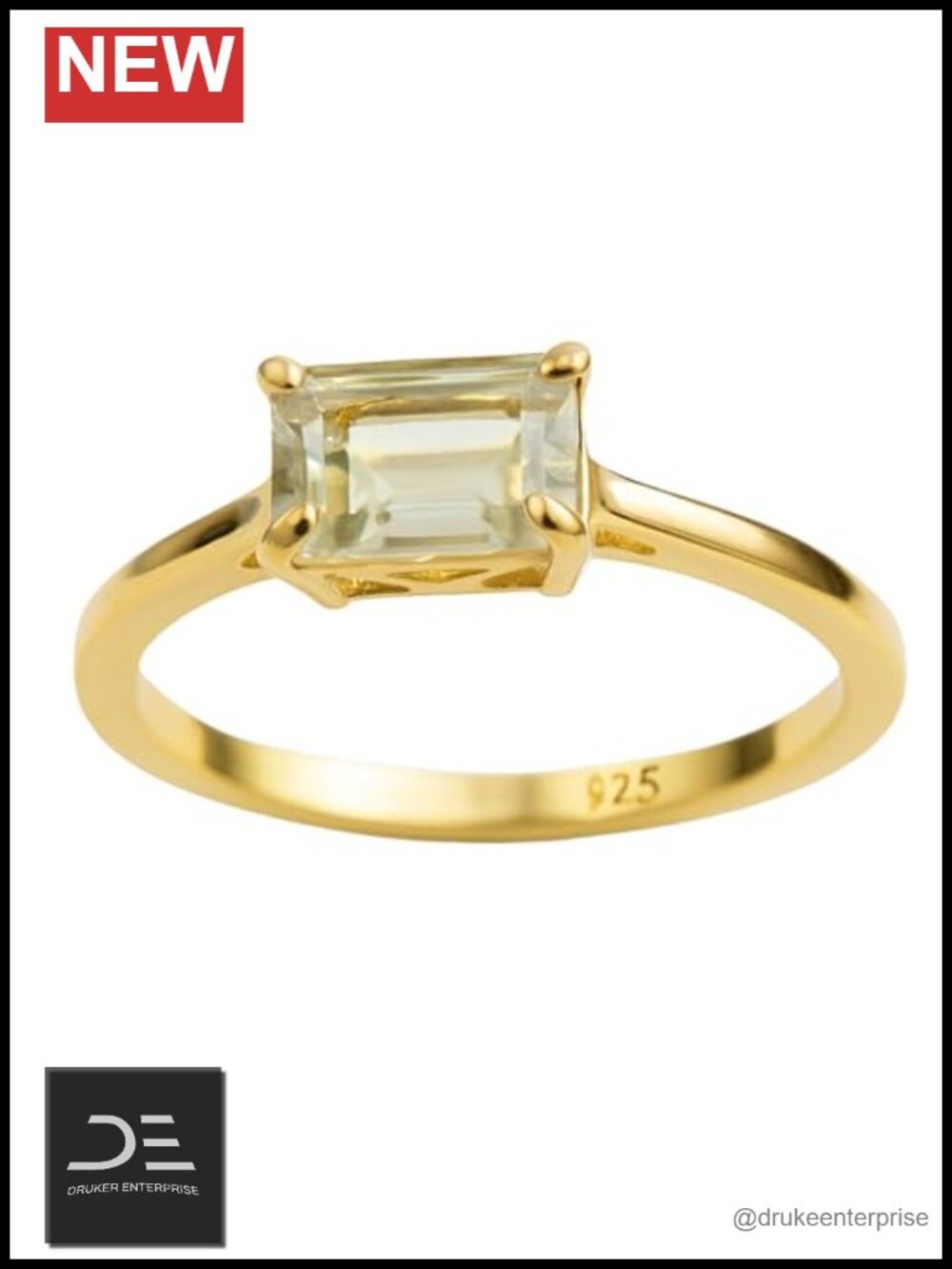Green Amethyst Prasiolite Baguette Ring 925 Solid Sterling Silver Gold Plated